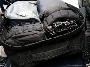 Goruck GR2 (40L) with two 5.11 padded 6x6 pouches, two Fuji X-T2, two lenses, and one week worth of travel equipment.